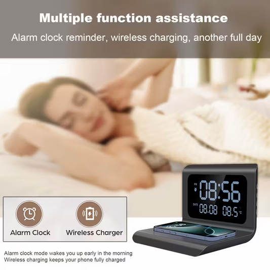 3-in-1 wireless charger, time and temperature display, bedroom desk alarm clock, iPhone 16 15 14 13 12 11 Pro Max/Mini/Plus/XR/X/8 AirPods 2/3/4/Pro/Pro 2 charging dock AirPods 4/3 /Pro/2, compatible with Samsung S25/S23/S22/S21/S20/ Galaxy Buds.