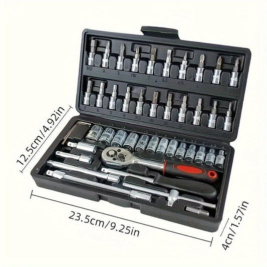Basic automotive repair manual tool set, including a set of mechanical tools, including ratchet handle, extension pole, universal joint, slider, SAE and metric sockets, hex wrench, and plastic toolbox, excluding batteries. Uncharged manual tool set.