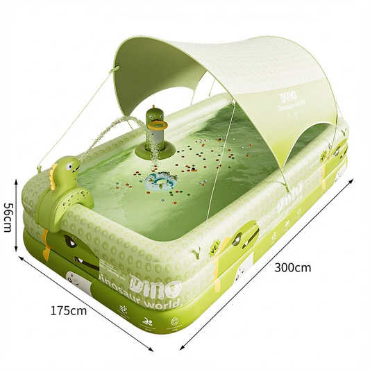 Inflatable Swimming Pool 300Ã175Ã56cm with Canopy & Dinosaur Spray â Kids Outdoor Water Play Set for Backyard, Garden, Summer Fun (Green).