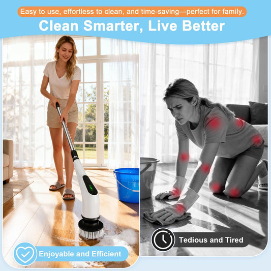 Wireless Electric Cleaning Brush with 8 Replaceable Heads â Adjustable Extendable Handle for Bathroom, Kitchen, Tiles & Car (White).