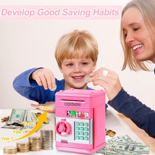Smart ATM Piggy Bank with Password Lock & Coin Slot â Educational Money Box for Kids, Saves Coins & Bills (Pink) | Other Colors Available In-Store.