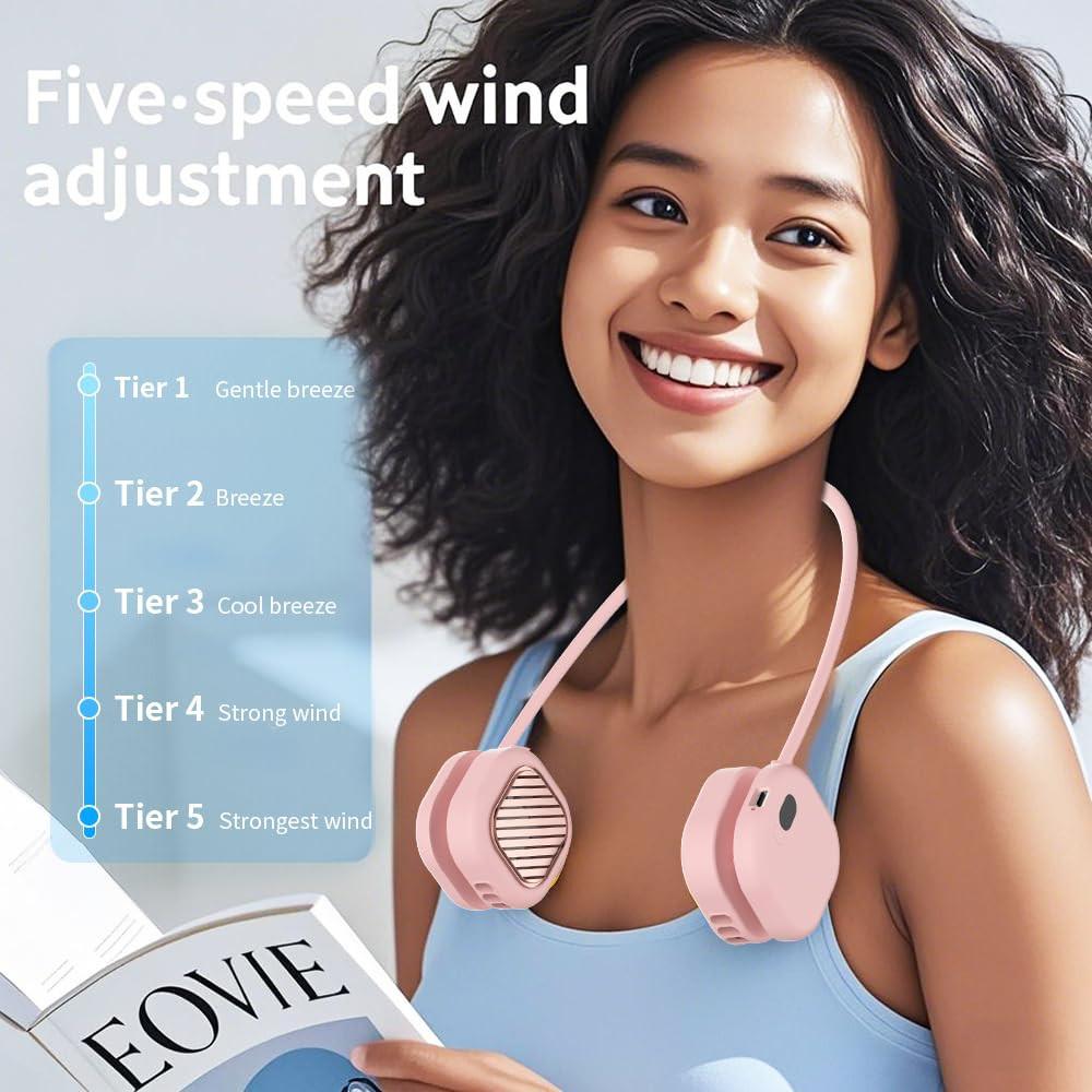 Portable Neck Fan with 5-Speed Adjustable Cooling â Lightweight Rechargeable Bladeless Fan for Travel, Outdoor, Gym, Office Use â Ultra-Quiet & Foldable (Pink).