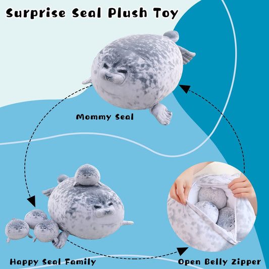 Gray Chubby Seal Plush Pillow with 4 Baby Seals Inside: Soft Stuffed Animal for Kids, Hug Pillow & Room Decor â Perfect Gift for Children.
