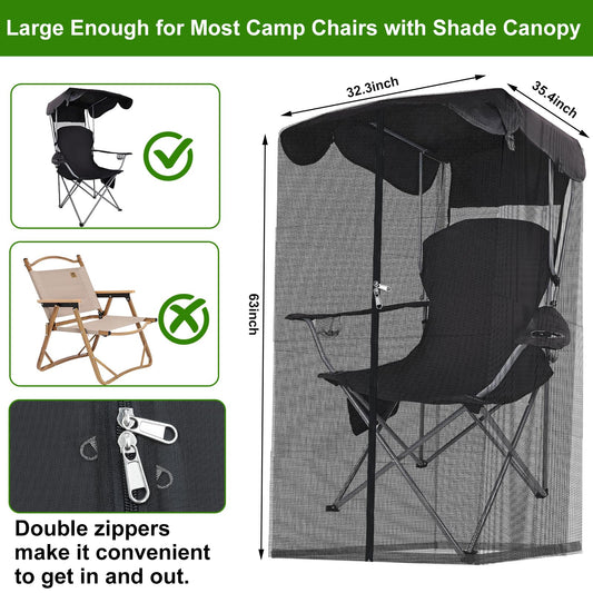 Outdoor Mosquito Net Chair Cover with Canopy â UV & Waterproof, Zippered Entry, Breathable Mesh Tent for Camping, Fishing, Beach Use (Black).