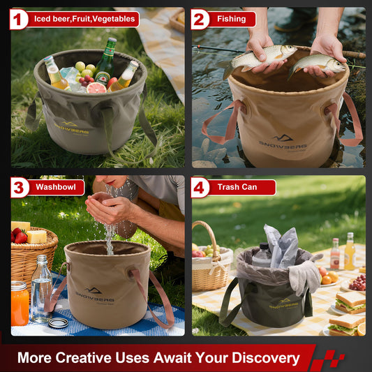 Multi-Use Collapsible Bucket â Foldable Camping Container with Dual Handles, 10L/20L Capacity, Supports 22 lbs or 44 lbs, Waterproof PVC Mesh for Fishing, Washing, Picnics & Outdoor Use (Forest Green,Trumpet).