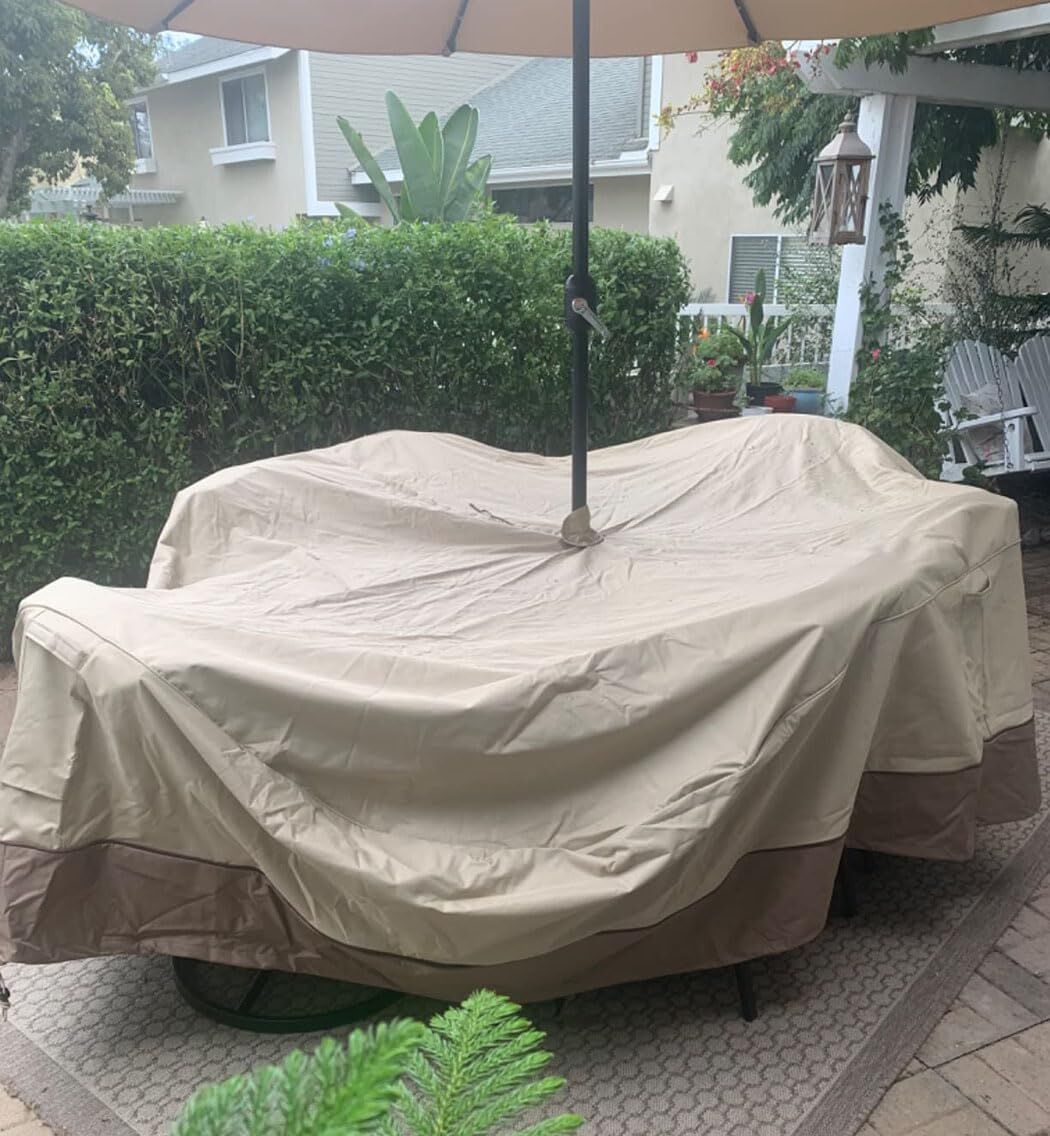 Patio Table & Chair Cover with Umbrella Hole: Water-Resistant Outdoor Furniture Cover for Rectangular/Oval Garden Sets (274x208x58 cm LxWxH)