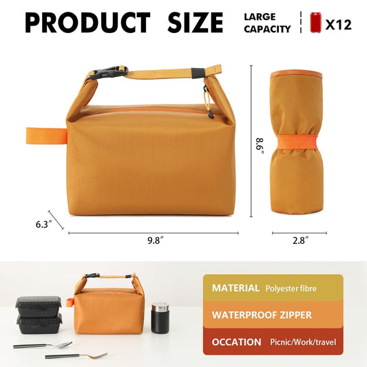Foldable Lunch Bag â Reusable Insulated Cooler Tote with Waterproof Zipper, Leak-Proof Design, Lightweight & Compact, Ideal for Work, School, Picnic, Travel (Yellow).