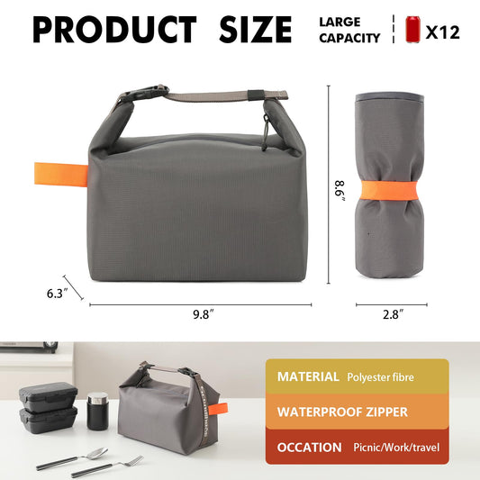 Foldable Lunch Bag â Reusable Insulated Cooler Tote with Waterproof Zipper, Leak-Proof Design, Lightweight & Compact, Ideal for Work, School, Picnic, Travel (Grey).