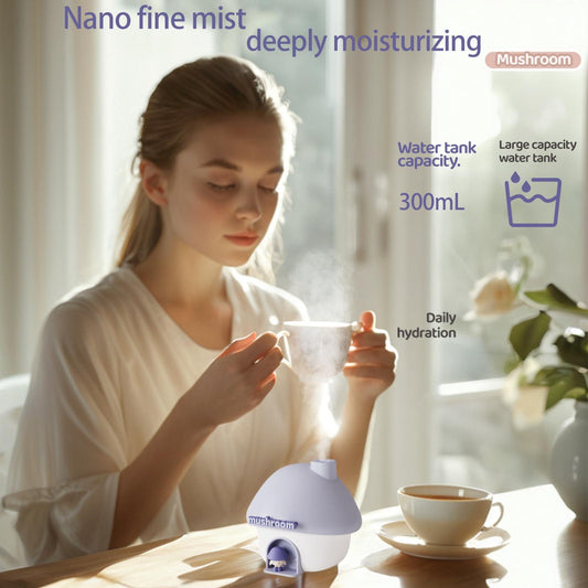 Portable Mushroom Humidifier with 7 Color Sunset Light, USB Rechargeable Mini Air Moisturizer for Desk, Bedroom, Travel, Baby Room â Silent & Cute Design Use(Purple).