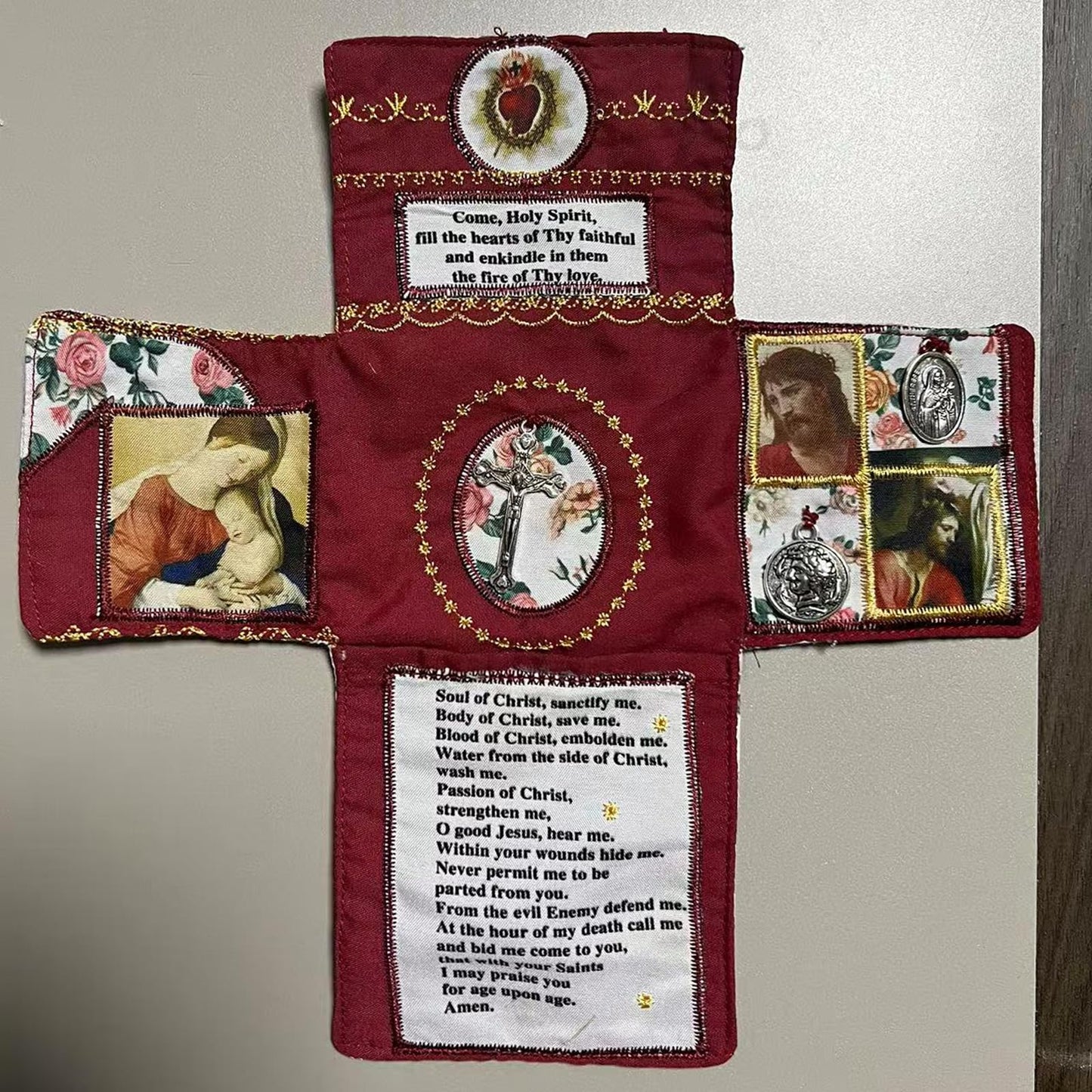 Mini Handcrafted Catholic Pocket Shrine â Foldable Prayer Altar with Silver Cross, Religious Art & Embroidered Prayers, Portable Faith Companion, 6.5 x 5.5 Inches (Purple).