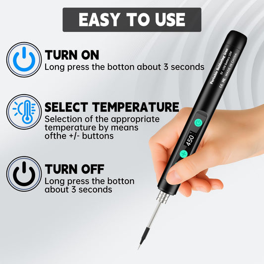 Portable USB-C Soldering Iron Kit – 15W Wireless Electric Soldering Pen with LCD Display, Adjustable Temp 180°C–450°C, 1100mAh Battery, Type-C Charging, Removable Tip, Stand & Sponge, Ideal for DIY Electronics Repair and Hobby Projects (Black)