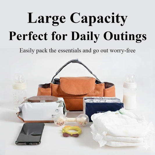 Universal Stroller Organizer Bag with Front Tissue Dispenser, Bottle Holders & Large Storage â Perfect for Daily Outings with Baby (Orange).