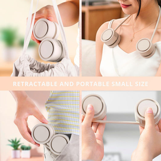 Portable Neck Fan with 1600mAh Battery â Foldable Bladeless Fan for Outdoor, Travel & Gym Use â 3-Speed Adjustable Cooling, USB-C Charging (Apricot).