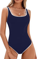 Women's Dark Blue One Piece Swimsuit with White Trim: Adjustable Strap, Ribbed, High Cut for Sports & Beach(S)