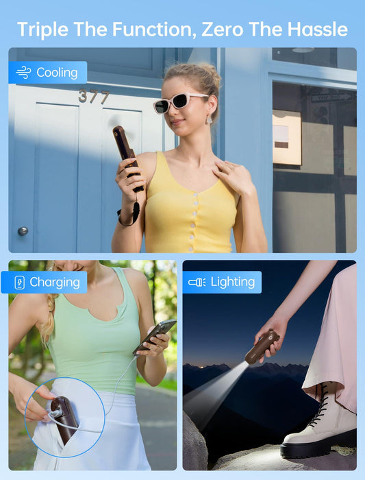 Handheld Mini Fan (Brown), 3-in-1 USB Rechargeable Portable Fan with Power Bank & Flashlight, Pocket Design for Travel & Summer.
