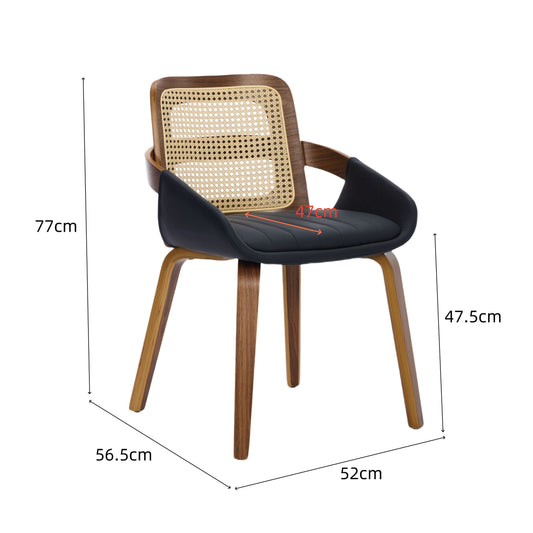 Set of 2 Rattan Back Dining Chairs, Black Faux Leather