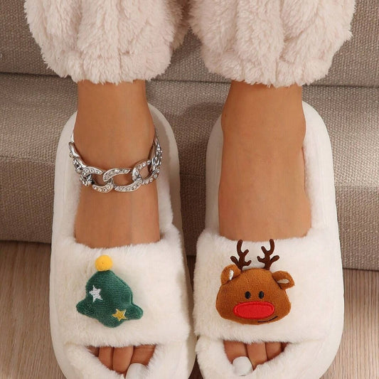 Christmas Cartoon Plush Slippers, Unisex Lightweight Thick-Soled Anti-Slip Fuzzy Slippers for Couples & Family(milky white-35-36)