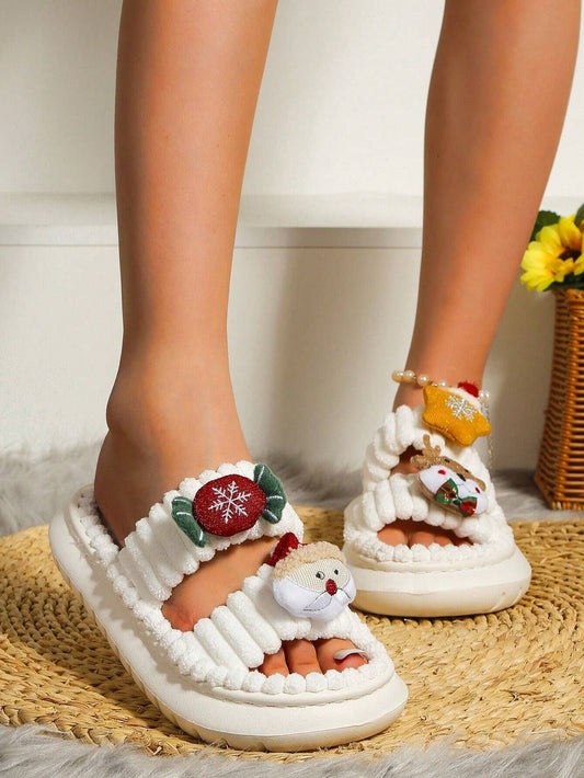hristmas Cartoon Plush Slippers, Unisex Lightweight Thick-Soled Anti-Slip Fuzzy Slippers for Couples & Family(white-37-38)