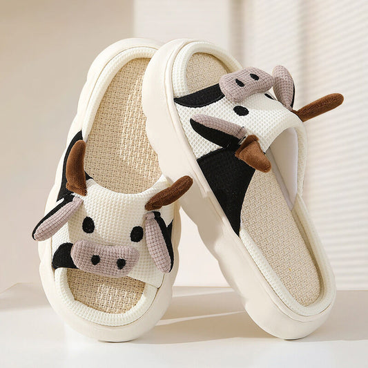 Unisex Cow Cartoon Linen Slippers: EVA Thick Sole Non-Slip Beach Sandals for Couples & Parent-Child, 7 Styles(white-37-38)