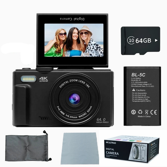 4K Digital Camera for Photography 64MP Vlogging Black.