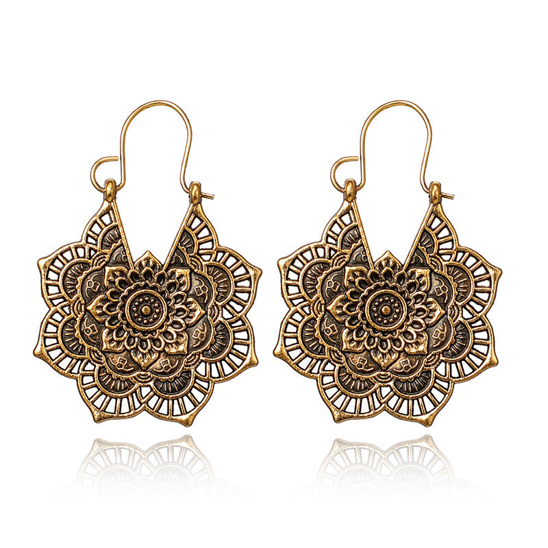 Vintage Silver Mandala Flower Dangle Earrings