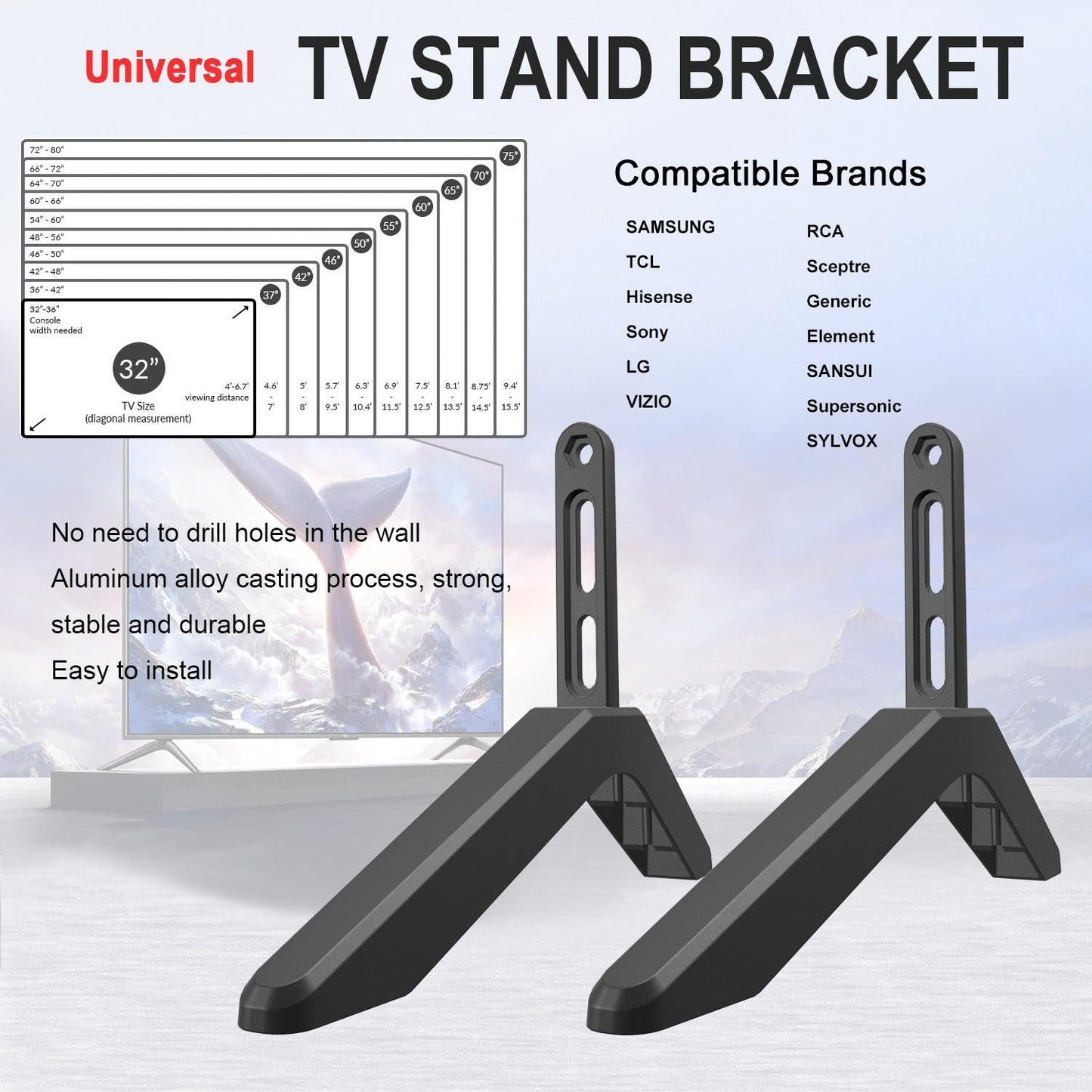 Universal TV Stand with Screws Easy Installation Tabletop Stand for TVs Compatible withSamsung LG TCL Vizio Hisense.