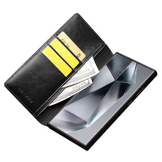 Compatible with Samsung Galaxy S24 Ultra Compatible Genuine Leather Wallet Phone Case Flip Stand Cover Black.