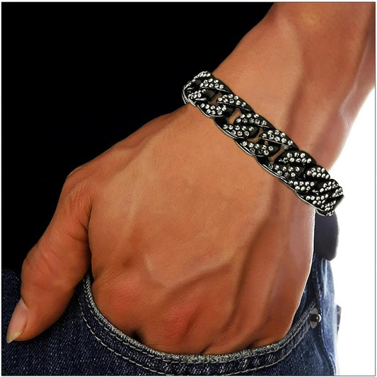 Mens Womens Cuban Link Bracelet Hip Hop Bracelet Gold Chain Bracelet Iced Out Curb Cuban 18k Gold Plated Bracelet With Clear Rhinestones (A-T-Black-8.74in)