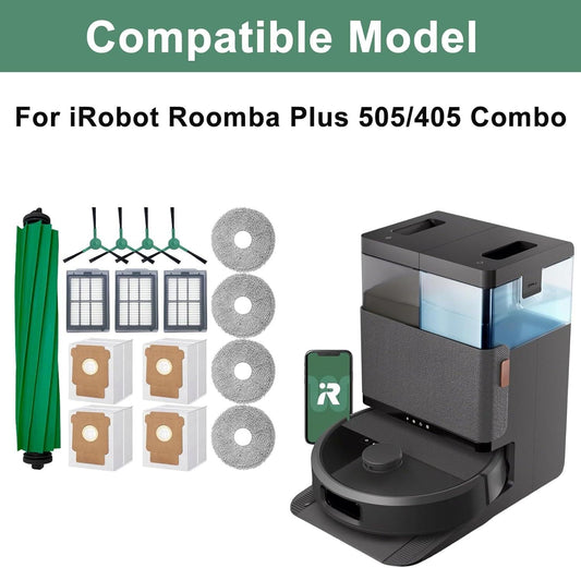 16-Piece Replacement Parts Kit for IRobot Roomba 505/405 Combo Robot Vacuum Cleaner, Main Brush Ã1, Side Brushes Ã4, HEPA Filters Ã3, Cleaning Cloths Ã4, Dust Bags Ã4.