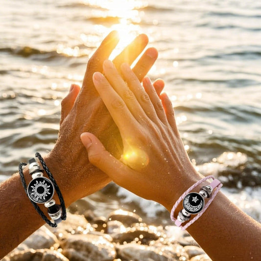Luminous Sun and Moon Couple Bracelet - Glow in the Dark Matching Braided Leather Jewelry for Couples, Adjustable Long Distance Love Gift for Him & Her.