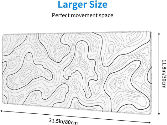 Abstract Topographic Map White Grey Black Gaming Mouse Pad Long Mouse Pad Large Desk Mat 31.5 X 11.8 Inch Mousepad with Non-Slip Base Stitched Edge Keyboard Mat for Gaming Office Light Grey White.