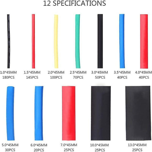 Heat Shrink Tubing, Electrical Insulation Heat Shrinkable Wrap Cable Tube, 2:1 Shrink Ratio, 5 Colors, 12 Sizes 750.