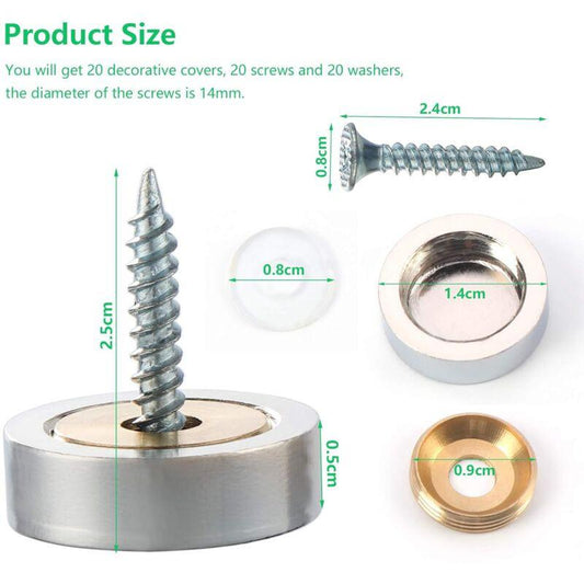 20 pcs Brushed Stainless Steel Screws With Decorative Caps For Mirrors, Tables, Plates, Cabinets, Glass Panels Silver.