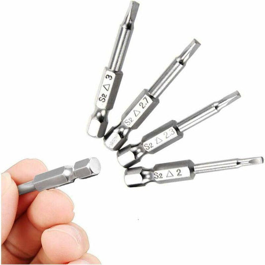 5 pcs Magnetic Triangle Head Screwdriver Bits Set S2 Steel 1.8Mm, 2Mm, 2.3Mm, 2.7Mm, 3Mm, 6.35Mm Hex Shank, 50Mm Length.