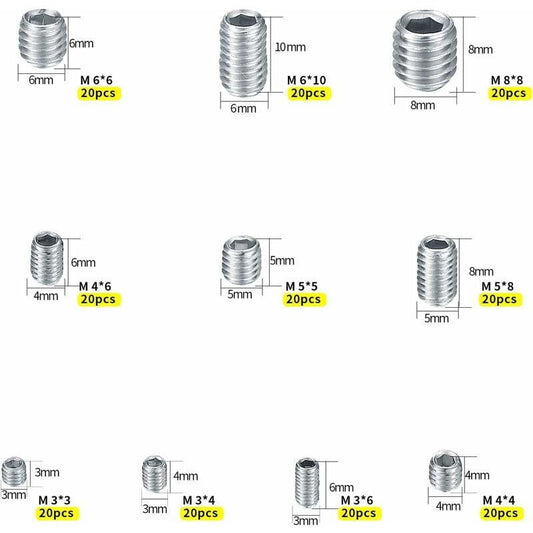 200 pcs Stainless Steel Grub Screws, M3 M4 M5 M6 M8 Machine Screws, Assortment Kit Fasteners Grub Screws.