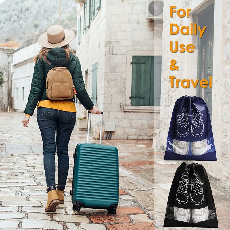 Travel Shoe Bag, Waterproof Dustproof Fleece Shoe Bag Set With Clear Window And Drawstring (32X44Cm) -10 pcs-Black