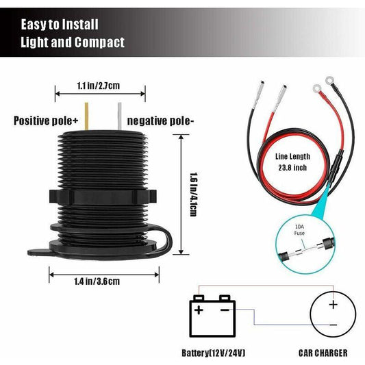 Fast Usb Car Charger Dual Qc3.0 Usb Ports, 12V/24V 36W Waterproof With LED Digital Voltmeter For Motorcycle, Caravan,.