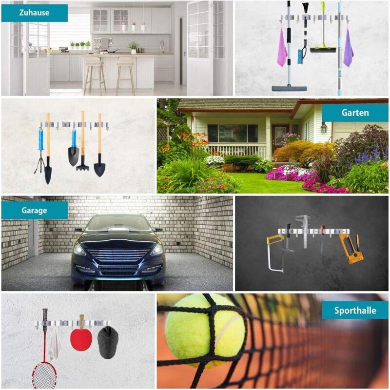 Stainless Steel Wall Mounted Broom Holder, Wall Mounted Broom Hanger With 4 Slots And 5 Hooks For Kitchen, Bathroom,.