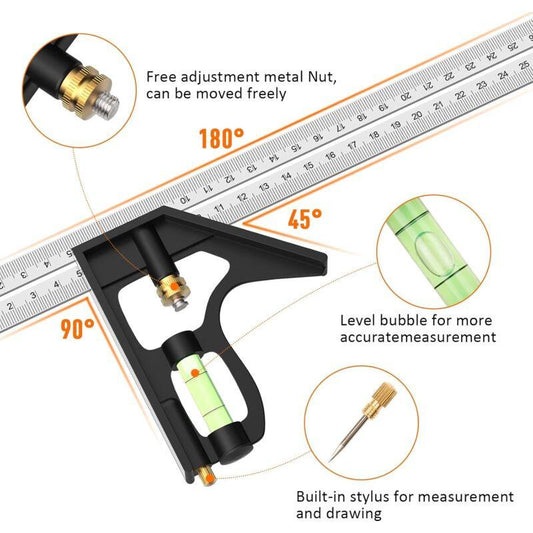 Combination Square, 12'/300Mm Stainless Steel Square Carpentry Tools, 45/90 Degree Ruler With Spirit Level..