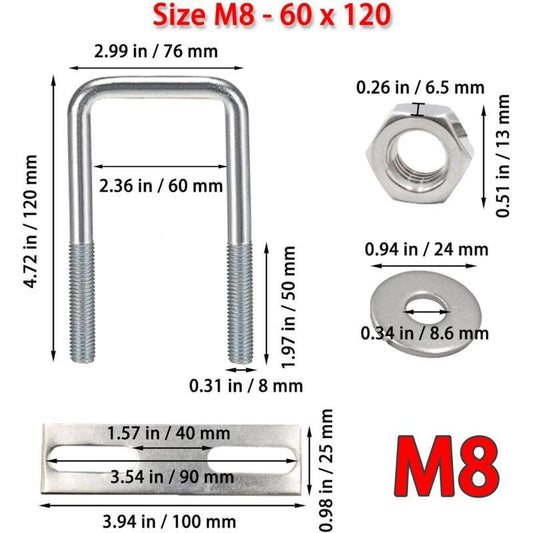 Square U-Bolts, 60X120Mm Stainless Steel U-Bolts, M8 U-Bolt With Frame Plate Nut And Washer, M8 U-Bolt For Fixing.