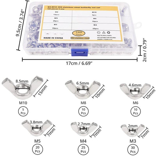 Wing Nut Assortment (100 Pieces) - Sizes M3, M4, M5, M6, M8 And M10 - 304 Stainless Steel Fastener Screws - Silver Wing.