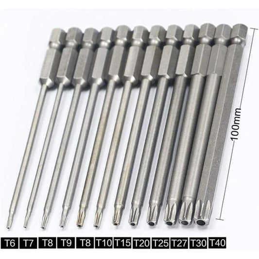 11 Piece Long Torx Screwdriver Bit Set - Magnetic Bits - 1/4" Hex Shank - Sizes T6 To T40 - 100Mm Length.