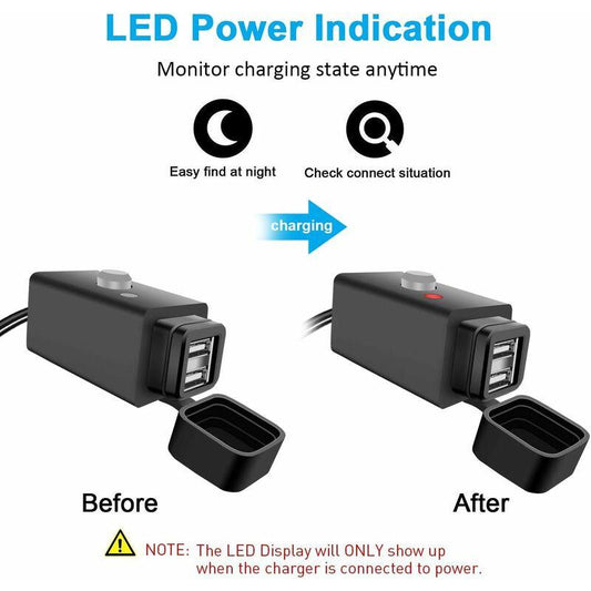 Waterproof Motorcycle Usb Charger With Switch 5V Dual Ports.