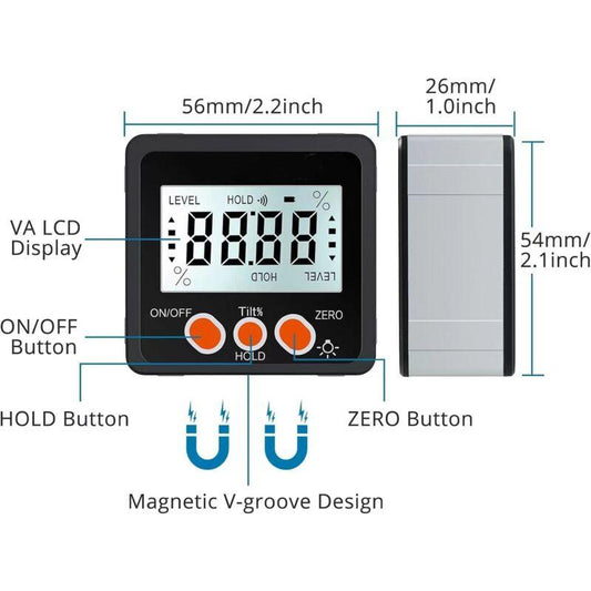 Digital Inclinometer Protractor 4 90° Level Box Angle Finder Backlight Bevel Gauge Magnetic Base Gauge In/Ft Mm/M With.