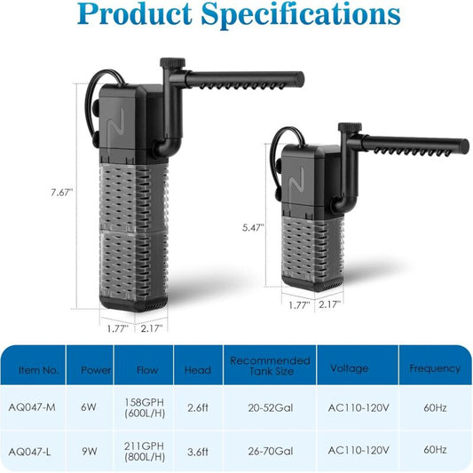 Adjustable Aquarium Filter 600L/H Aquarium Pump, Ultra-Quiet Internal Aquarium Filter Suitable For Aquariums Up To 200L