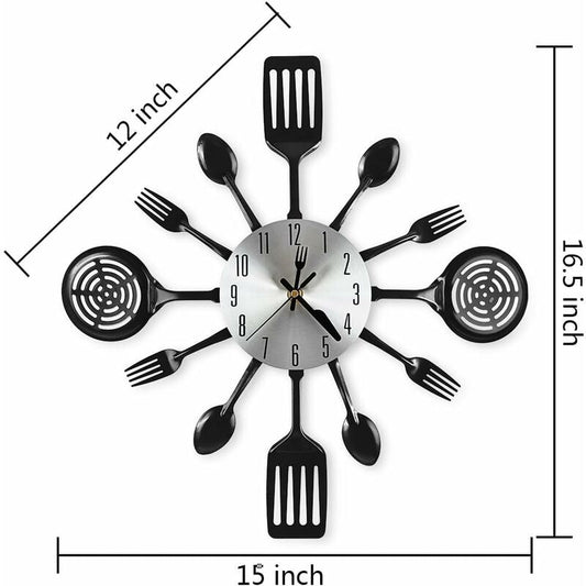 16" Large Kitchen Wall Clocks With Spoons And Forks, Great Home Decor And Nice Gifts, Black