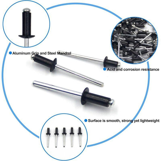 100 pcs 4.8 X 12Mm Aluminum Blind Rivets, Open End Rivets, Pop Rivets, Pack Of 100 (Black).