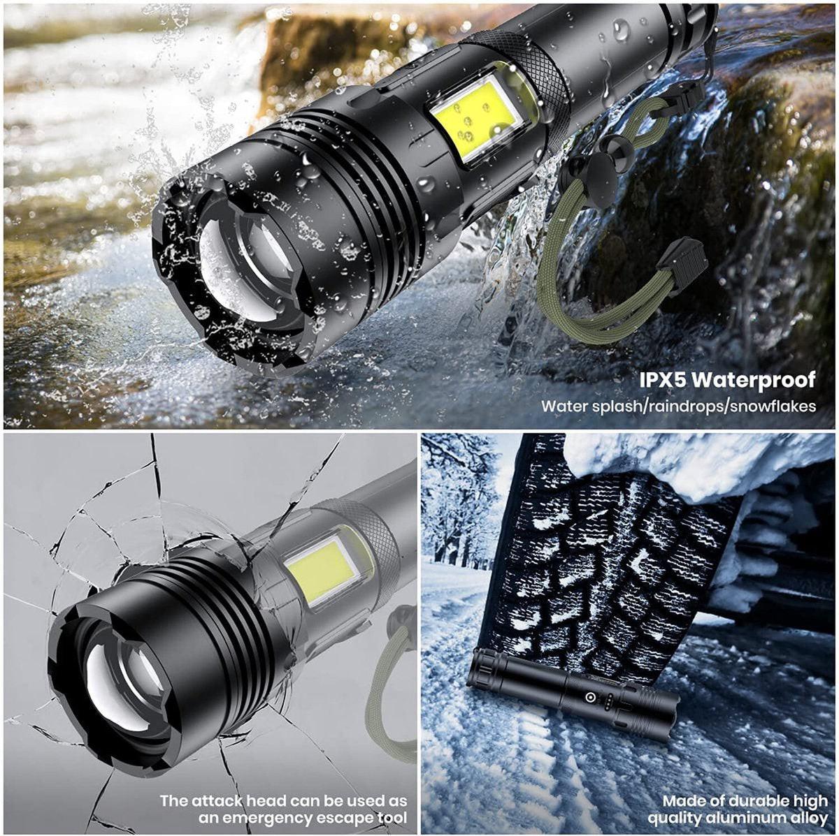Flashlight - Rechargeable LED - Military Flashlight - 100,000 lumens - with 7 modes - COB side light - Waterproof - For emergencies, camping, home.