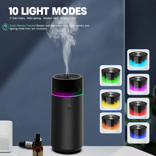 Car essential oil diffuser with automatic on/off function, portable humidifier with memory function, battery operated, with 8-color ambient light for car, home, office and travel (black).