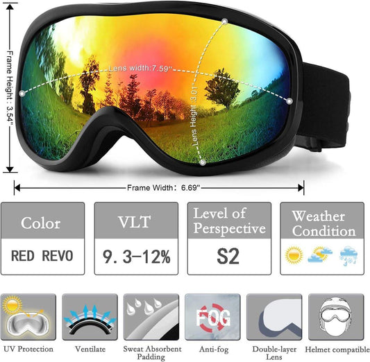 Ski goggles to wear over glasses, with double-layered lenses, anti-fog treatment and UV protection. Suitable for men, women and teenagers who ski and snowmobile..